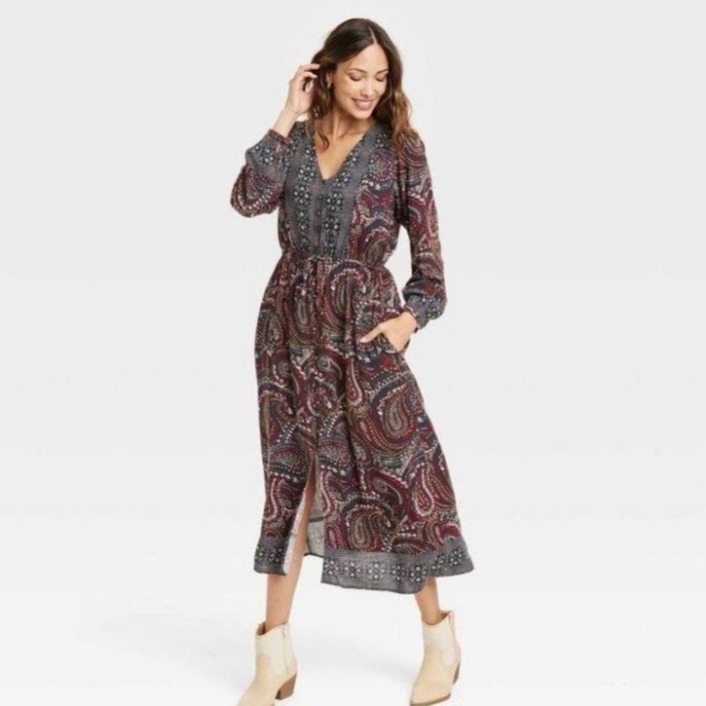 NWOT Knox Rose - Women's Long Sleeve Paisley Button Front Tie Dress - Size S